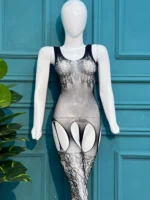 Snake-Print Lace Bodystocking with Attached Garter Stockings - Image 4