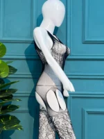 Snake-Print Lace Bodystocking with Attached Garter Stockings - Image 6