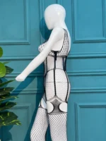 Elegance in Mesh: Intricate Geometric Cut-Out Bodystocking - Image 6