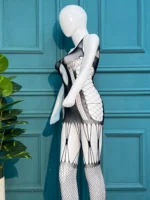 Monochrome Illusion Cut-Out Mini Dress & Fishnet Set - Image 4
