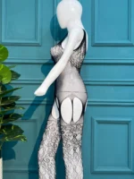 Snake-Print Lace Bodystocking with Attached Garter Stockings - Image 2