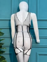 Elegance in Mesh: Intricate Geometric Cut-Out Bodystocking - Image 3