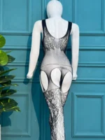 Snake-Print Lace Bodystocking with Attached Garter Stockings - Image 5